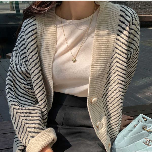 

women's sweaters autumn and winter striped korean v-neck long-sleeved knitted cardigan jacket female nro9, White;black