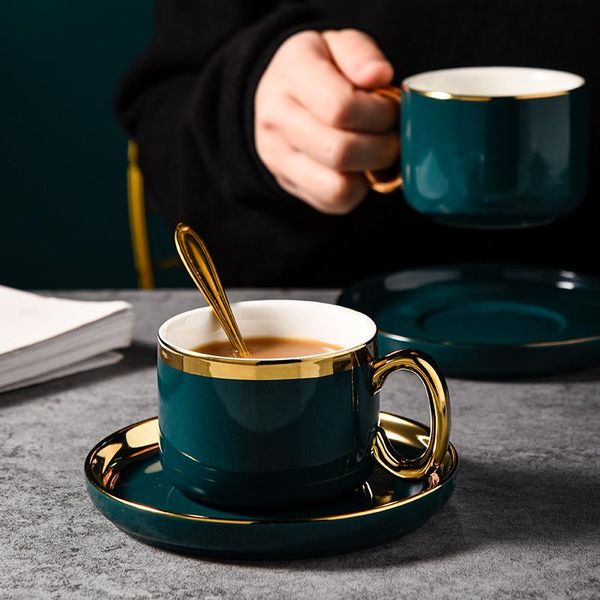 

cups & saucers european style coffee cup teacup saucer set gold trim green ceramic milk 200ml