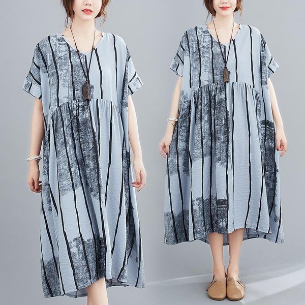 

women's jeans 2021 summer large dress long literary cotton linen print stripe loose thin v-neck, Blue
