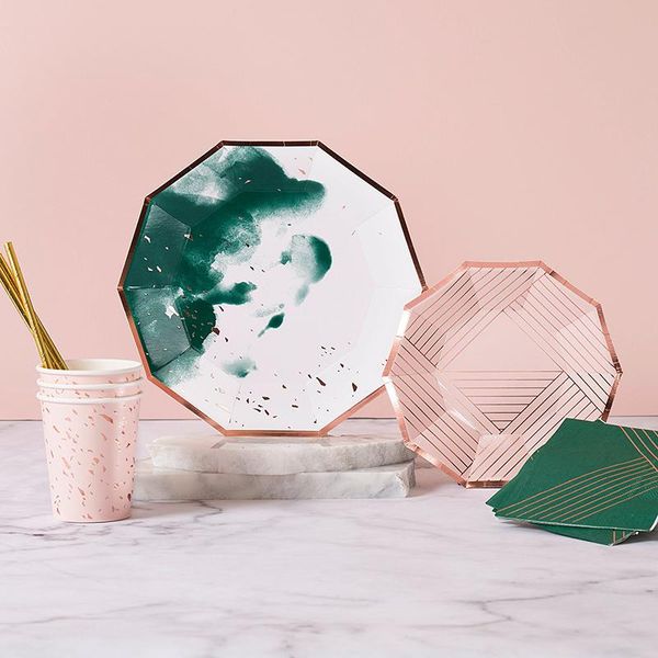 

disposable dinnerware green with gold stripe one time paper plate cup valentine's day birthday party thanksgiving wedding portable tabl