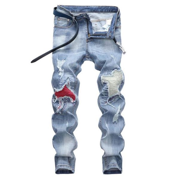 

men's jeans light-colored stretch motorcycle ripped pants, Blue