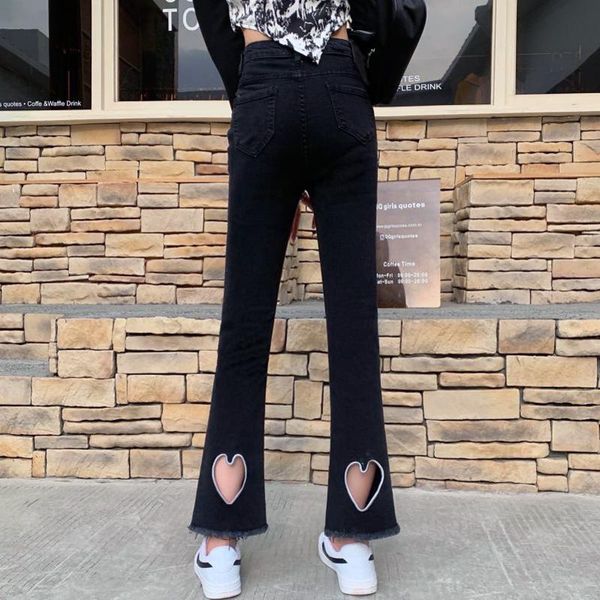 

jeans women trousers college style cotton vintage washed love hollow embroidery loose high waist horn stretch cowboy women's, Blue