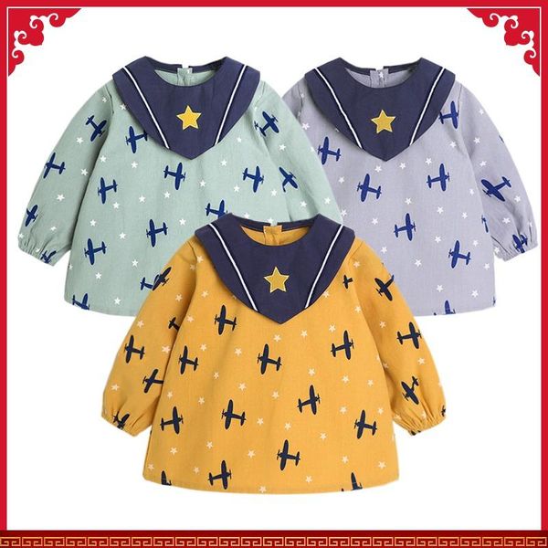 

baby apron bib waterproof color children's long sleeve feeding coat, Blue;gray