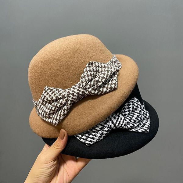 

stingy brim hats 2021 autumn winter bow wool british retro fashion fedora for women felt hat derbies femme luxury, Blue;gray