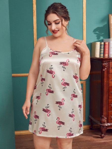 

plus flamingo print satin night dress e4ek#, Black;white
