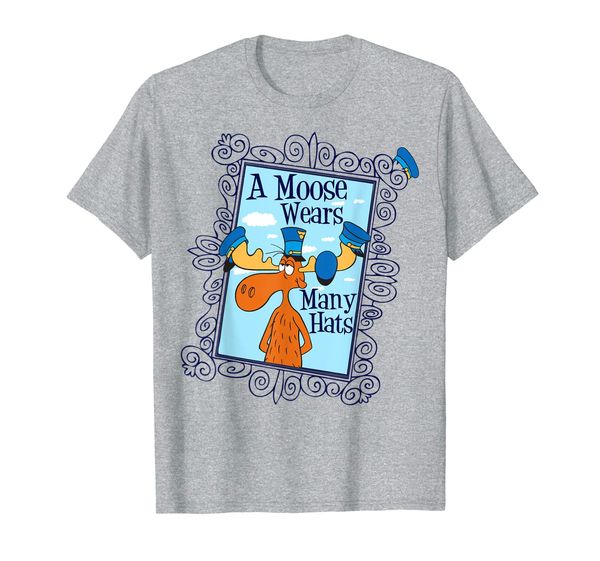 

rocky and bullwinkle moose with many hats graphic t-shirt, White;black