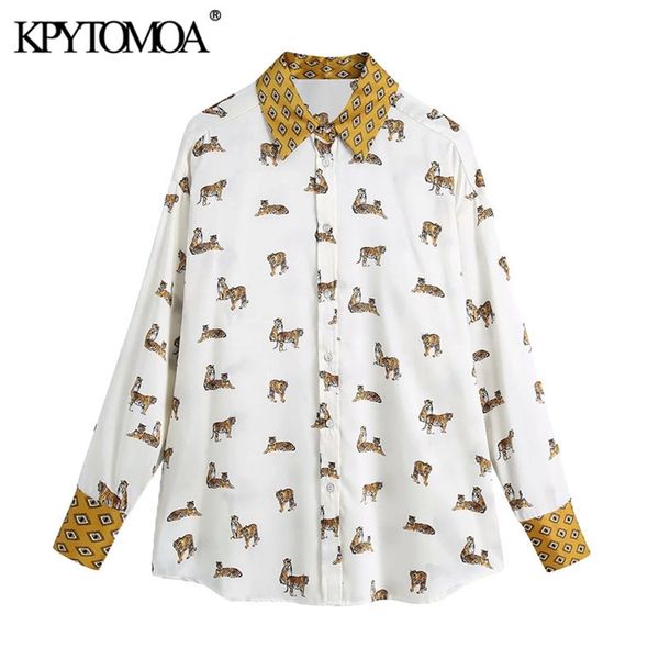 

women fashion animal print loose patchwork blouses long sleeve button-up female shirts chic 210420, White