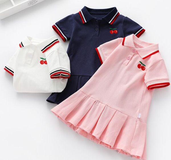 Vestido de manga curta infantil menina rendado gola lapela bordado abelha cereja vestido elegante verão bebê meninas roupas de grife