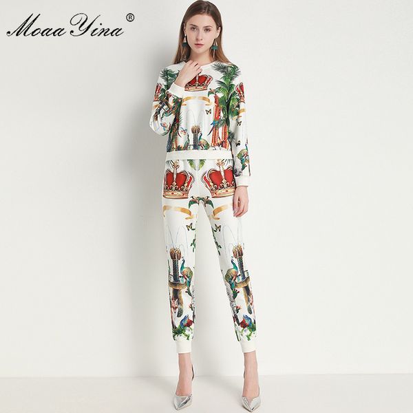 

fashion designer set summer women long sleeve small animals print pullover +trousers two-piece suit 210524, White