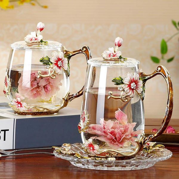 

mugs high-end court water cup set rose tea enamel glass coffee home and cold drink teacup spoon drinkware