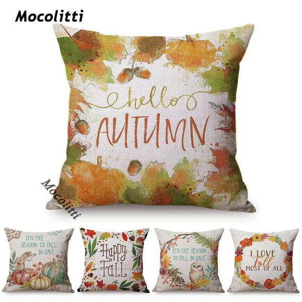 

cushion/decorative pillow autumn harvest thanksgiving home decor sofa cover watercolor letter yellow pumpkin linen print cushions