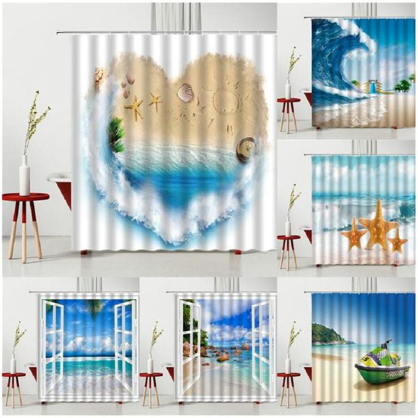

summer scenery shower curtain sunlight beach hawaii landscape coconut tree starfish shell room bathroom set with hooks curtains