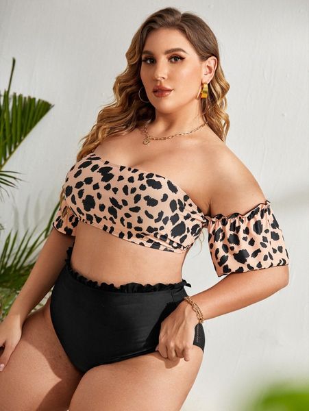

plus leopard lettuce trim off the shoulder bikini swimsuit h93b#, Black
