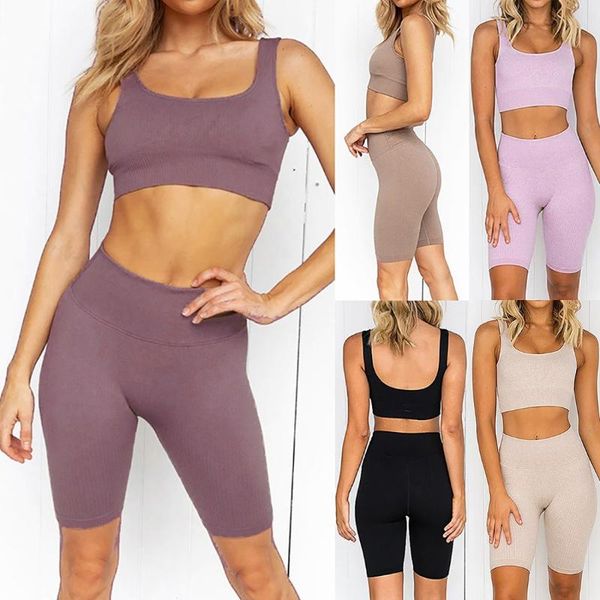 

seamless yoga set workout clothes for women ribbed gym 2 piece sport sports bras shorts clothing outfit