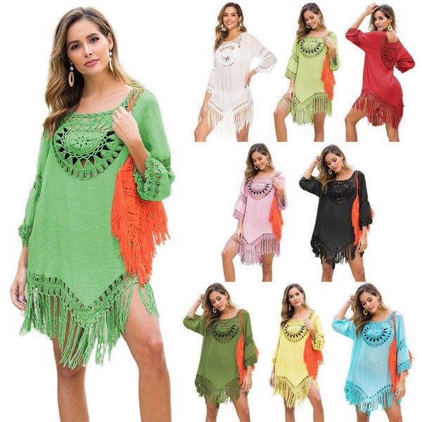 

women's swimwear women hollow crochet floral swimsuit cover ups fringe tassels asymmetric beach dress summer tunic bikini wrap, White;black