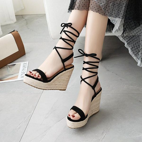 

women sandals casual linen wedge platform ankle strap high heel 11cm ladies shoes girl student party, Black