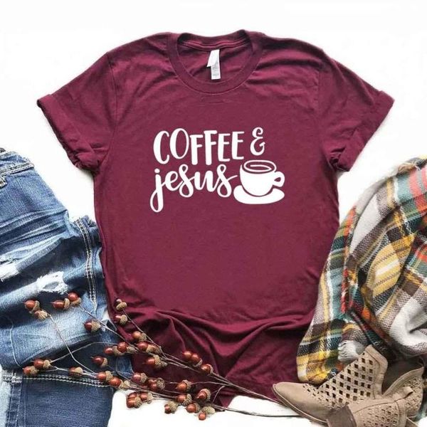 

women's t-shirt coffee and jesus print women tshirt cotton hipster funny gift lady yong girl 6 color tee r343, White