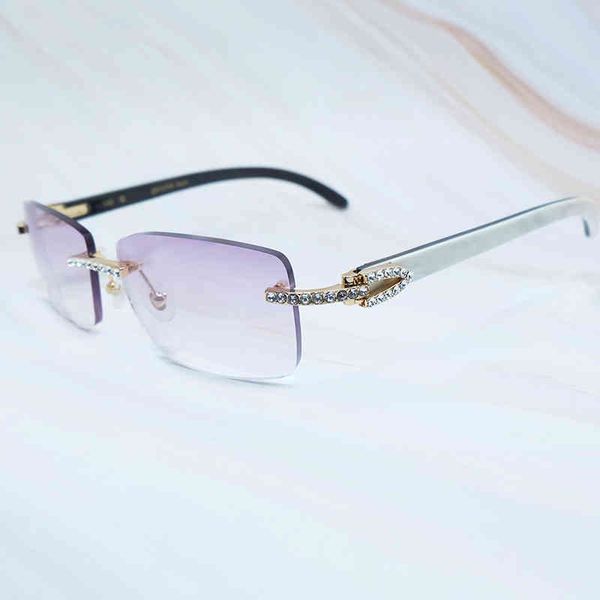 

2022 factory wholesale model iced out men cubic zircon buffalo horn sun glasses rimless rhinestone shades eyewear gafas sol jp3p sunglasses, White;black