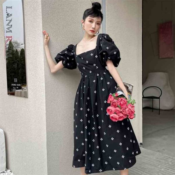 

women flower embroidery lantern sleeve square neck dress loose fit lady fashion summer arrivals 2h097 210526, Black;gray