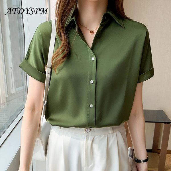 

women's blouses & shirts summer women fashion short sleeve satin silk blouse elegant vintage office lady female casual, White