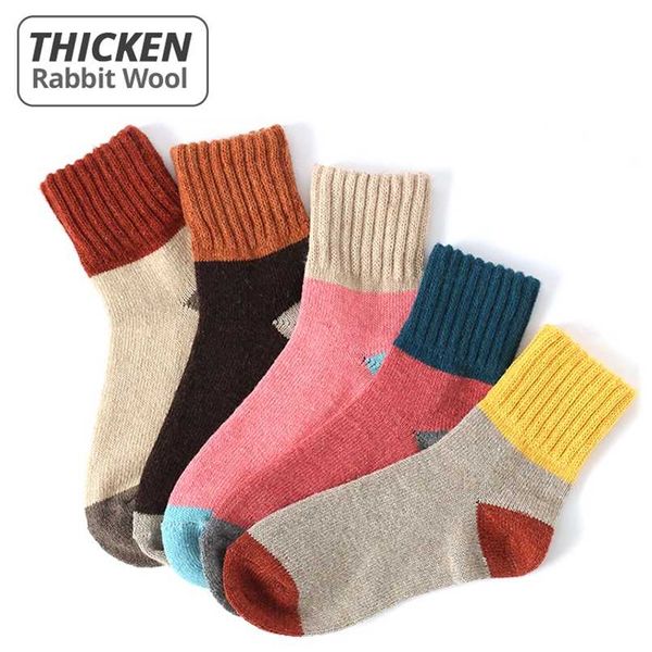 HSS Marke 5 Paar Hohe Qualität Frauen Winter Socken Vintage Patchwork Kaninchen Wolle Socke Verdicken Warme Thermische Baumwolle Socken 211221