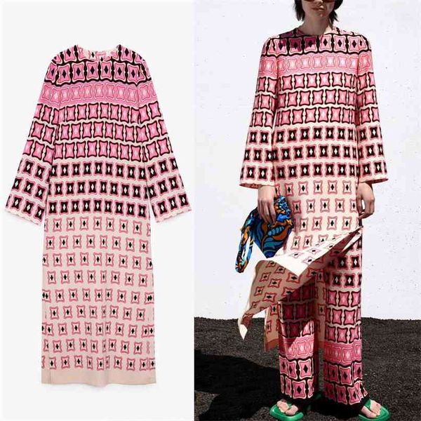 

vintage print slit long dress women summer o neck sleeve elegant party es feminine chic back zip beach 210524, Black;gray