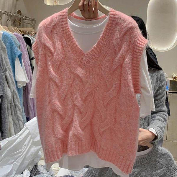 

women's vests [ewq] winter 2021 women casual loose pink v-neck solid color short minimalist sleeveless pullover knitting vest coat 8q45, Black;white
