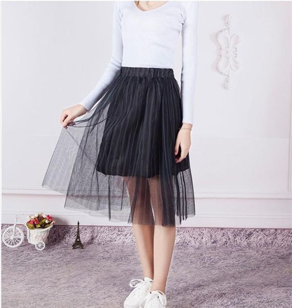 

skirts women gauze striped print skirt elegant a-line bottom 3 layers street fashion party casual h332, Black