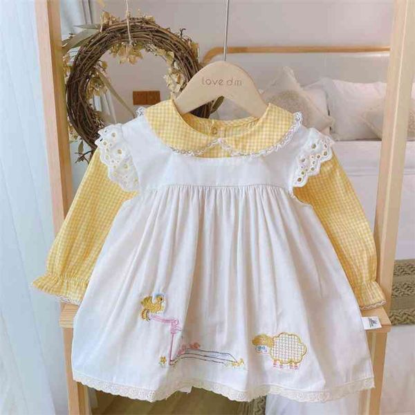 Outono 2 pcs crianças espanhol lotia vestidos meninas bordado animal amarelo bordado com veste branco toddler espanha vestido de manga comprida 210331