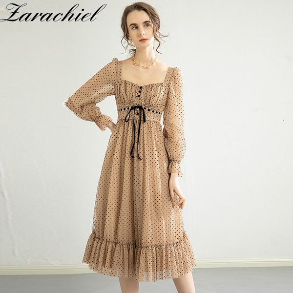 

dresses lace-up transparent long sleeve polka dot women vintage v neck mesh chiffon elegant summer casual midi, Black;gray