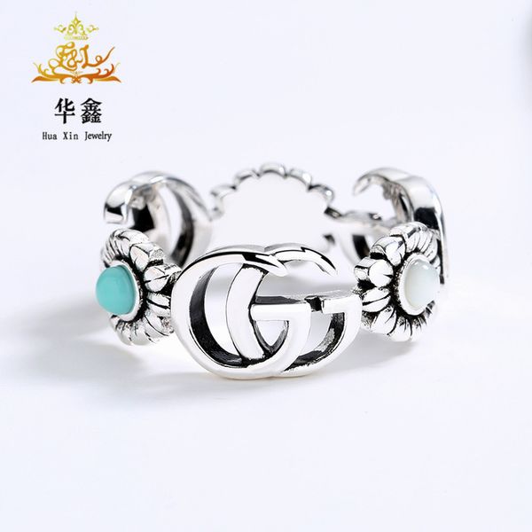 

design jewelry double daisy turquoise ring old flower fashion couple ring, Silver