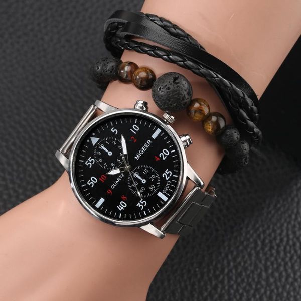 

wristwatches luxury quartz men watches set business sport clock male stainless steel case wristwatch fashion watch strap for box, Slivery;brown