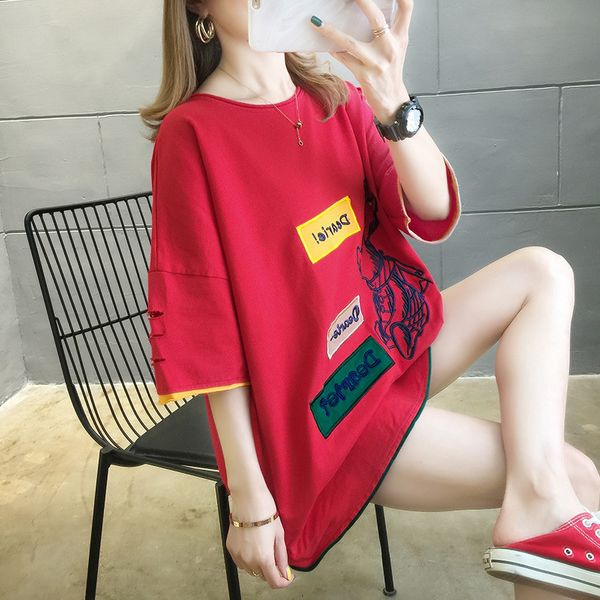 

T-shirt Summer half loose Korean alphabet embroidery short sleeve T-shirt for women, White