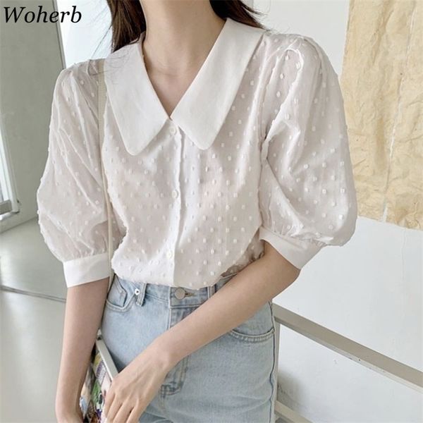 

peter pan collar polka dot print shirt female summer korean chic chiffon puff sleeve single-breasted white blusas 210519