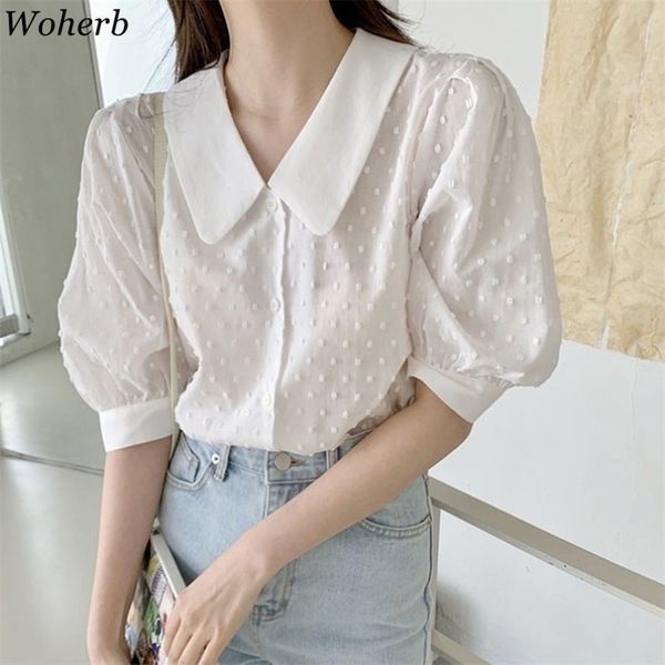 Peter Pan Collar Polka Dot Print Shirt Weibliche Sommer Korean Chic Chiffon Top Puffhülse Single-Breasted White Blusas 210519