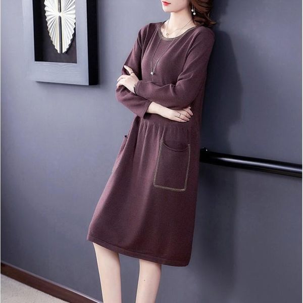 

casual dresses autumn winter women's loose long-sleeve pocket knitted dress sweater vestidos clothes plus size women 2021, Black;gray