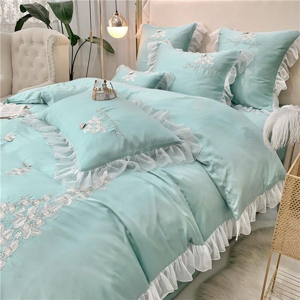 

lace embroidery lanjing tencel 4pcs home textile princess style summer high-end three-dimensional flower bedding set sets