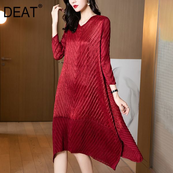 

deat women pleated trumpet dresssolid v collar long sleeve elegant lady casual style loose dresses summer fashion 15hx043 210429, Black;gray
