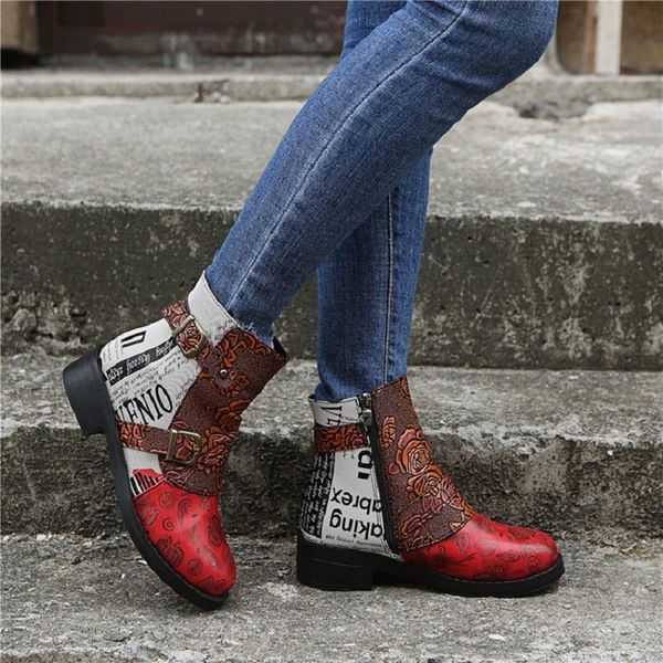 

boots autumn winter ankle women ethnic print zipper low heels punk platform buckle strap ladies shoes botines mujer, Black