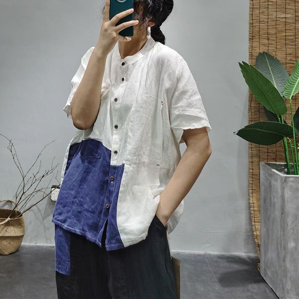 

women's blouses & shirts qpfjqd ladies summer autumn loose contrast color linen blouse retro patchwork female flax irregular length 202, White