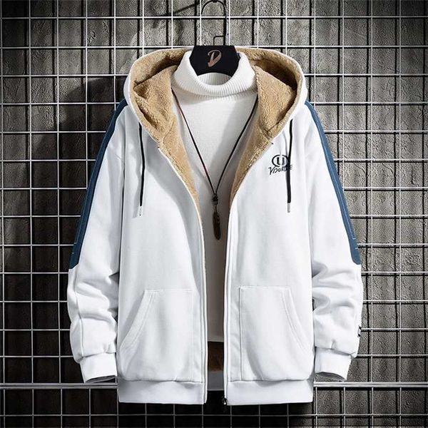 Männer Herbst Winter Hoodie Jacke Pelz Gefüttert Dicken Reißverschluss Hoodie Sweatshirt Casual Sport Mantel Mit Kapuze Koreanische Mode Weiß Hoodie 211014