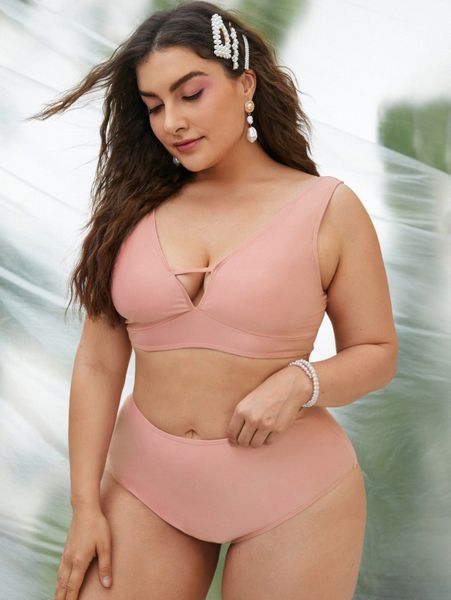 

plus v neck high waisted bikini swimsuit t0jj#, Black