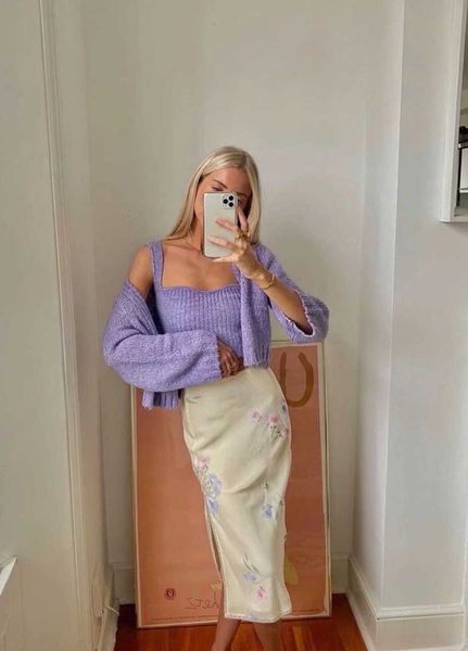 

women's knits & tees 1 set autumn winter romantic purple knitting cardigan cropped tank single-breasted one button short r2se, White
