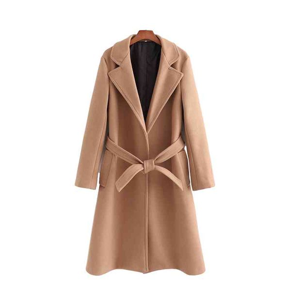 

elegant women woolen coat fashion ladies pocket outer streetwear female causal sashes loose over girls chic 210427, Black