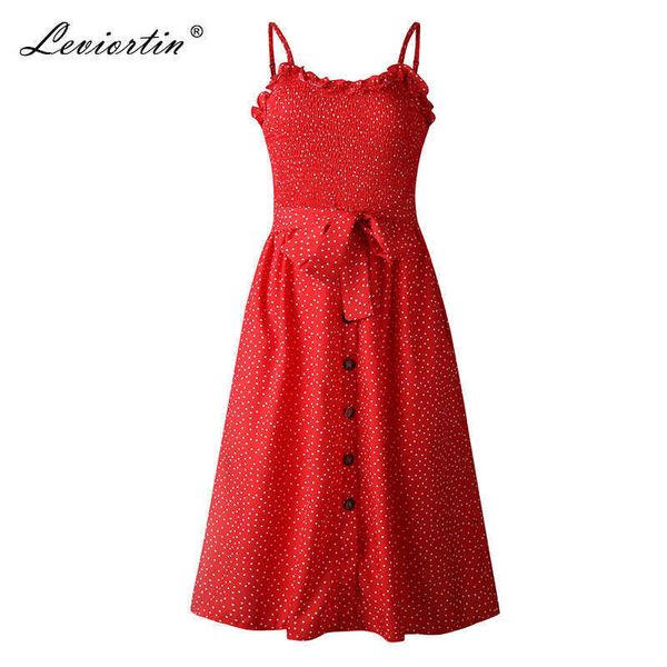 LEVIORTIN Red Polka Dot Kleid Vestidos Verano Designer Kleider Sommer Frauen Midi Button Kleid A-Linie Strandkleid 210527