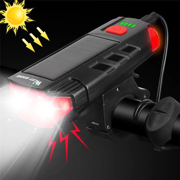 

west biking bike light 2-in-1 2xt6 350lm double led usb/solar charging 5 modes front 120db 6 horn for mtb road cycling - red