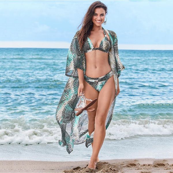 

women's swimwear bikini cover-ups beach blouse chiffon snake print beachwear self belted women summer kimono dress swim suit cover up, White;black