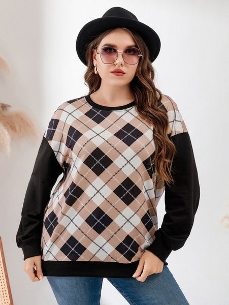 

plus argyle print drop shoulder sweatshirt g61c#, Black