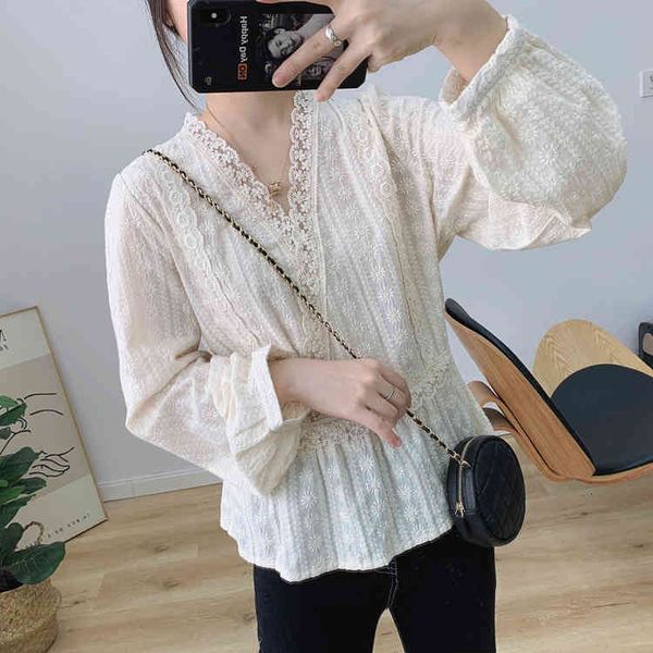 

women's blouses & shirts lamtrip rustic full suowers embroidery v-neck long sleeve kawaii shirt blouse vinatge 2021 spring lzae, White