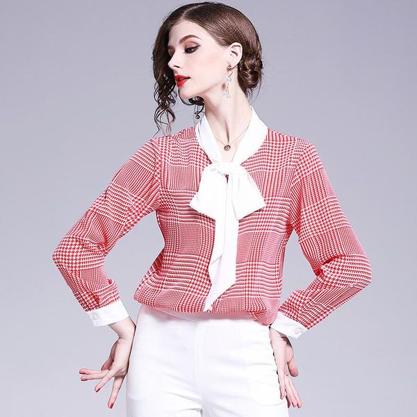 

shirt women's 2021 spring and summer european american printed ribbon blouse chiffon plaid ladies blouses & shirts, White